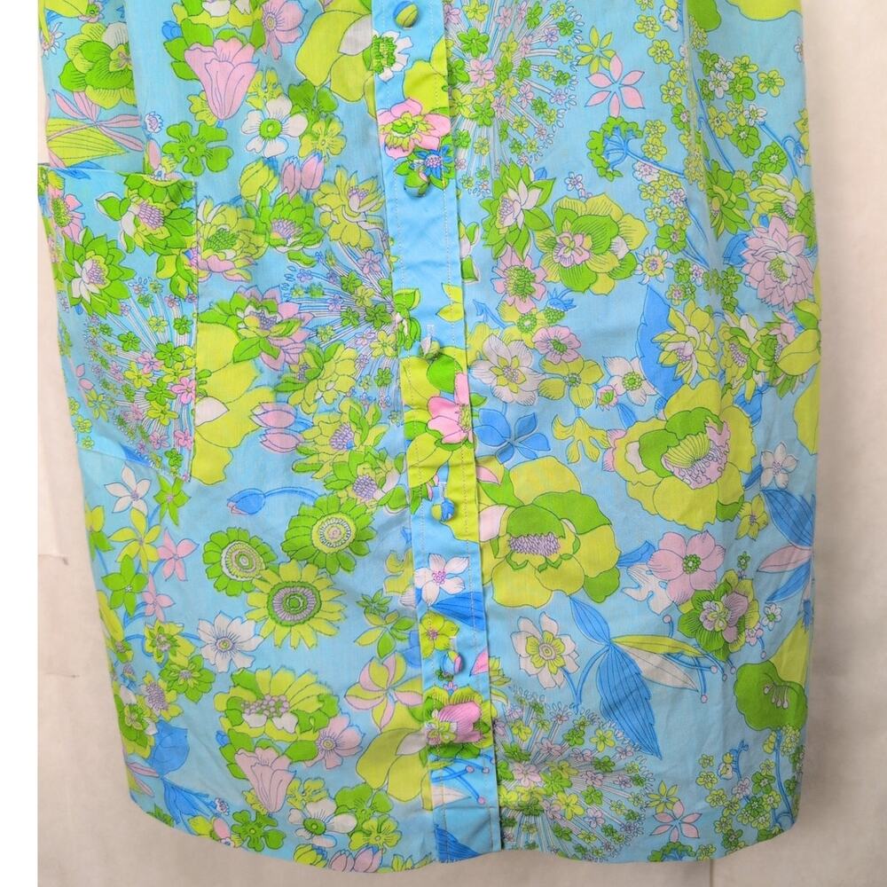 Vintage green floral print chore pocket shirt dress Size Large 60s Retro Mod - Picture 4 of 6